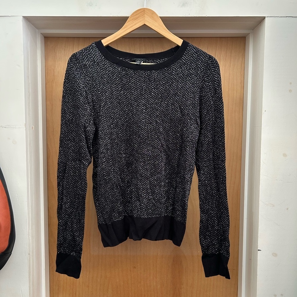 Ann Taylor Black Scoop Neck Light Sweater with Metallic Chevron Pattern - size L